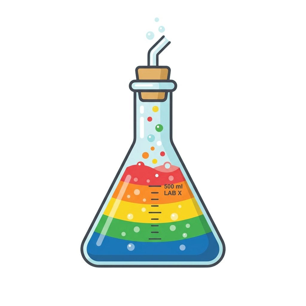 Illustration of a lab flask containing colorful liquid layers and bubbles
