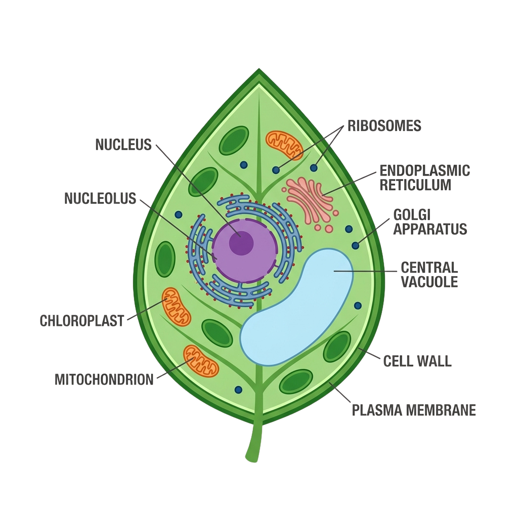 Illustrated diagram of a plant cell showing labeled organelles like nucleus, chloroplasts, and mitochondria