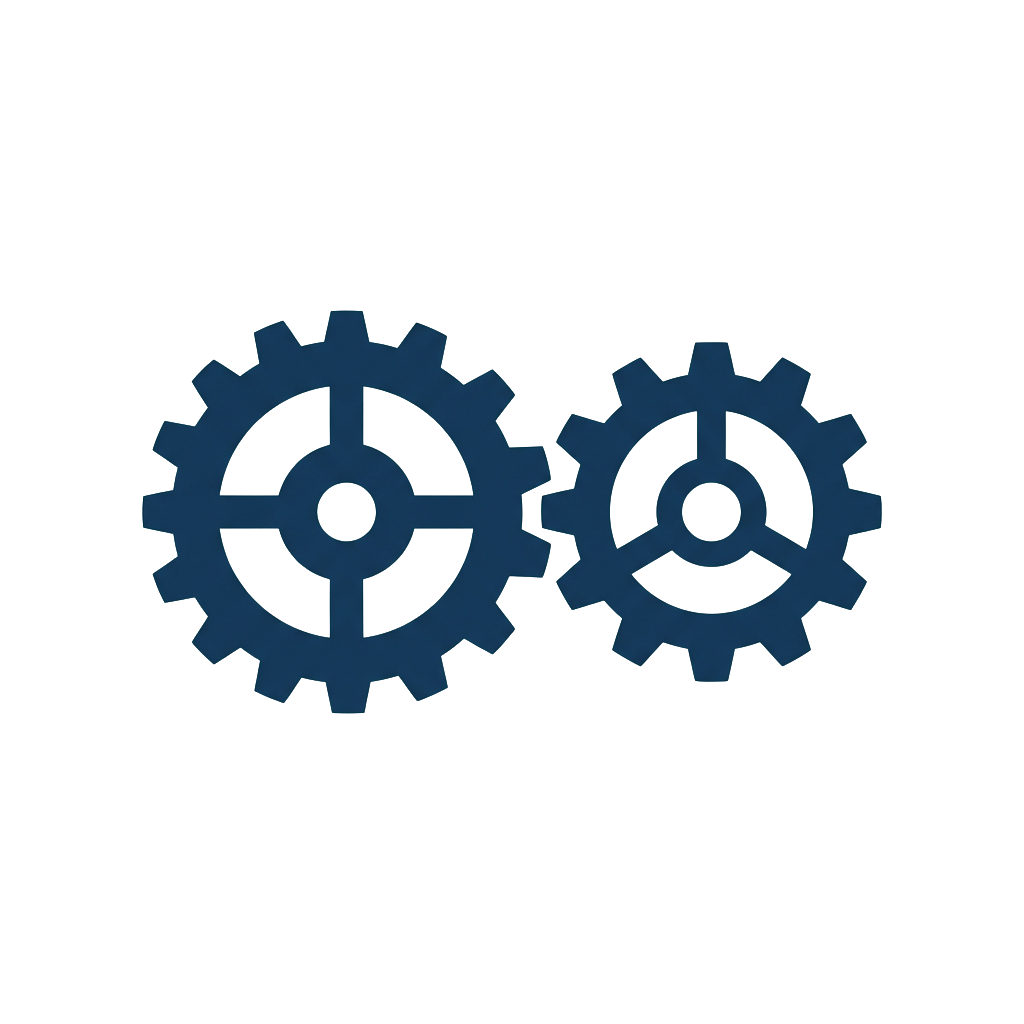 Two blue interlocking gears on a dark background