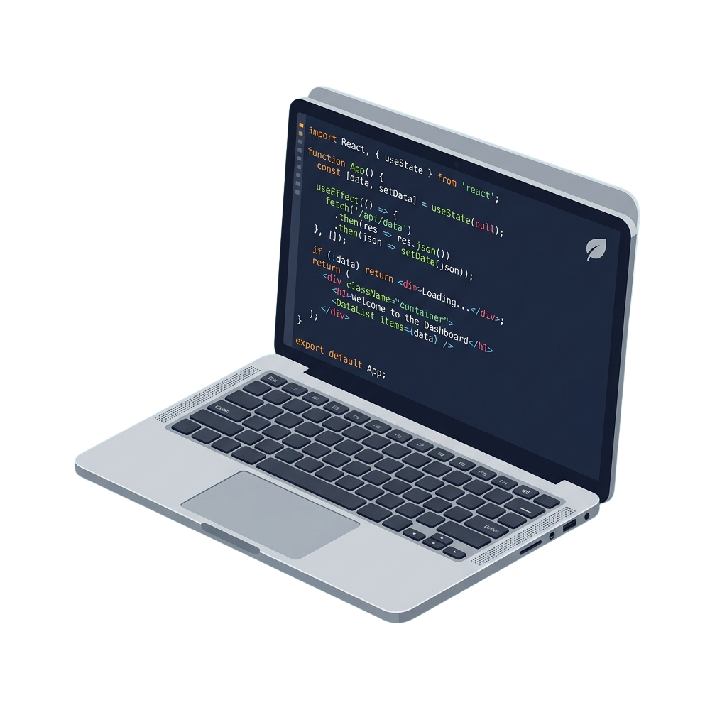 Laptop screen showing React code with fetch API and state management example