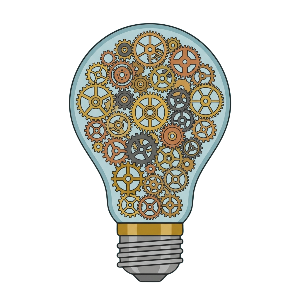 A lightbulb filled with interlocking gears symbolizing innovation and mechanical creativity
