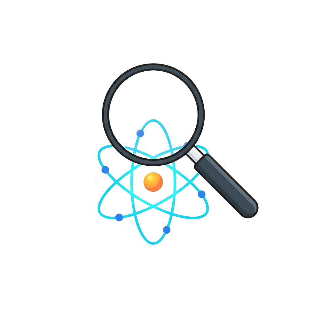 Magnifying glass focusing on an atomic structure with three orbiting electrons and a nucleus