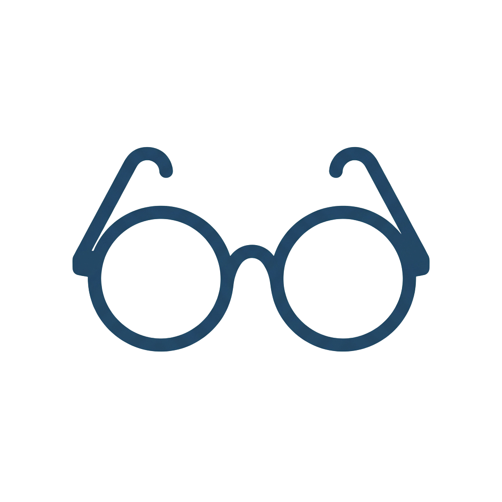 Blue outline icon of round glasses with two arms extending upward