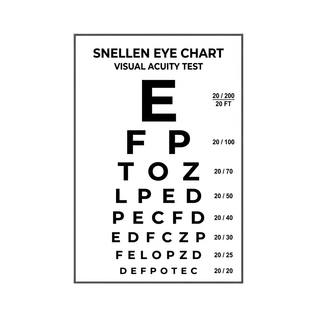 Black and white Snellen eye chart displaying letters of varying sizes for visual acuity testing.