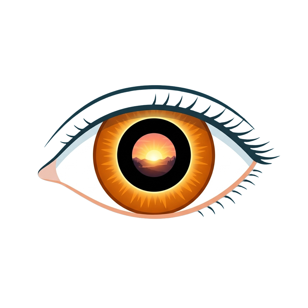 A stylized eye with a glowing orange iris reflecting a sun and mountain scene, set against a dark background