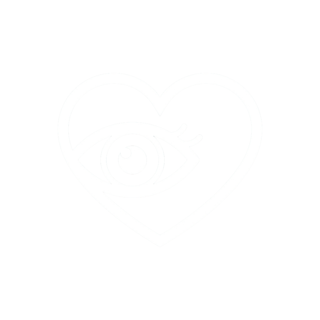 White eye inside a heart symbol on a black background