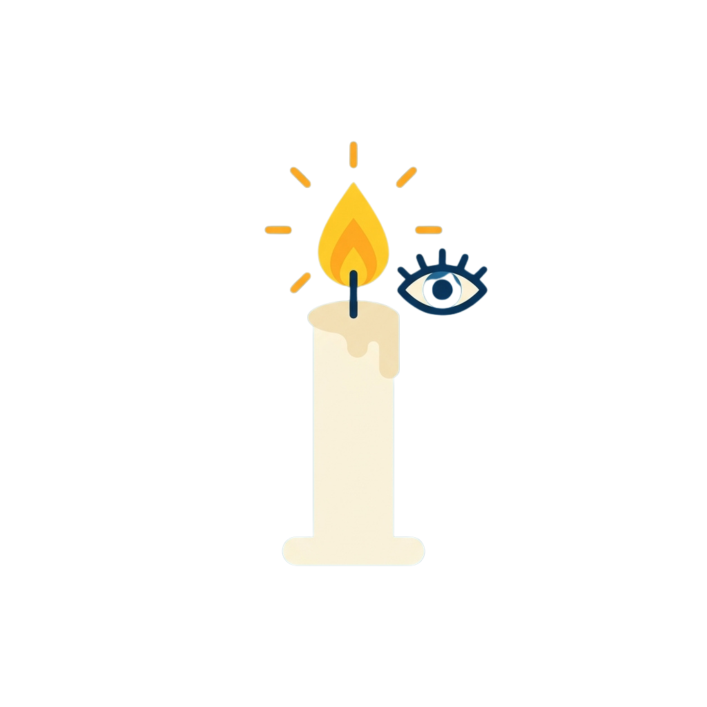 Illustration of a lit candle with a flame and an eye symbol beside it