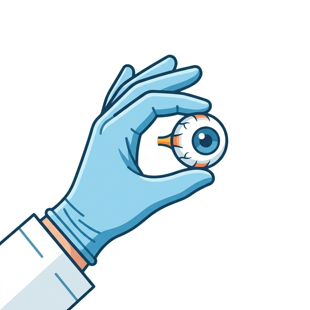 A gloved hand making an OK sign with an eyeball between the thumb and index finger