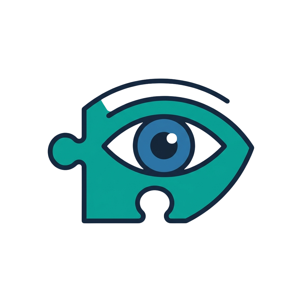 A stylized puzzle piece shaped like an eye with a teal and blue gradient iris