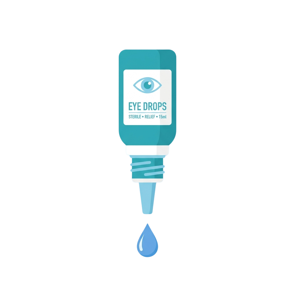 Illustration of a blue eye drops bottle with a single drop falling out