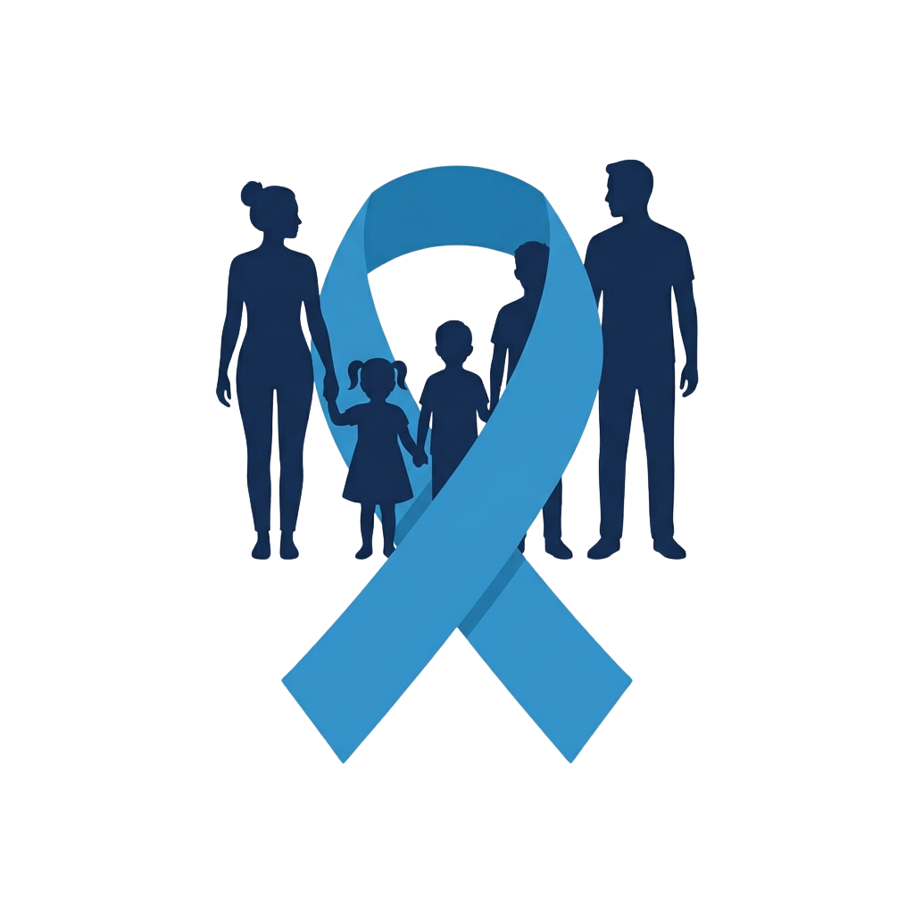 Silhouettes of a family of five adults and children inside a blue awareness ribbon