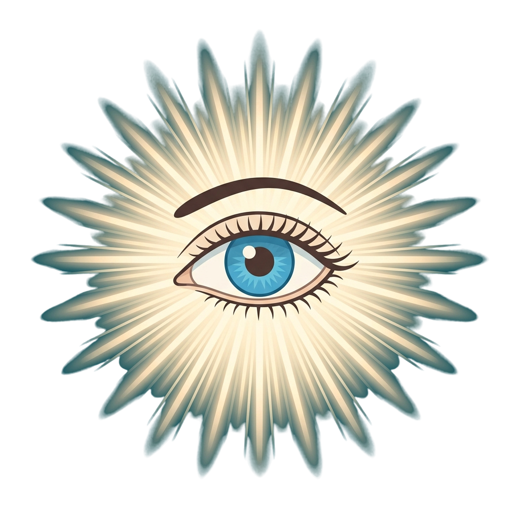 Illustration of an eye with glowing rays radiating outward from it