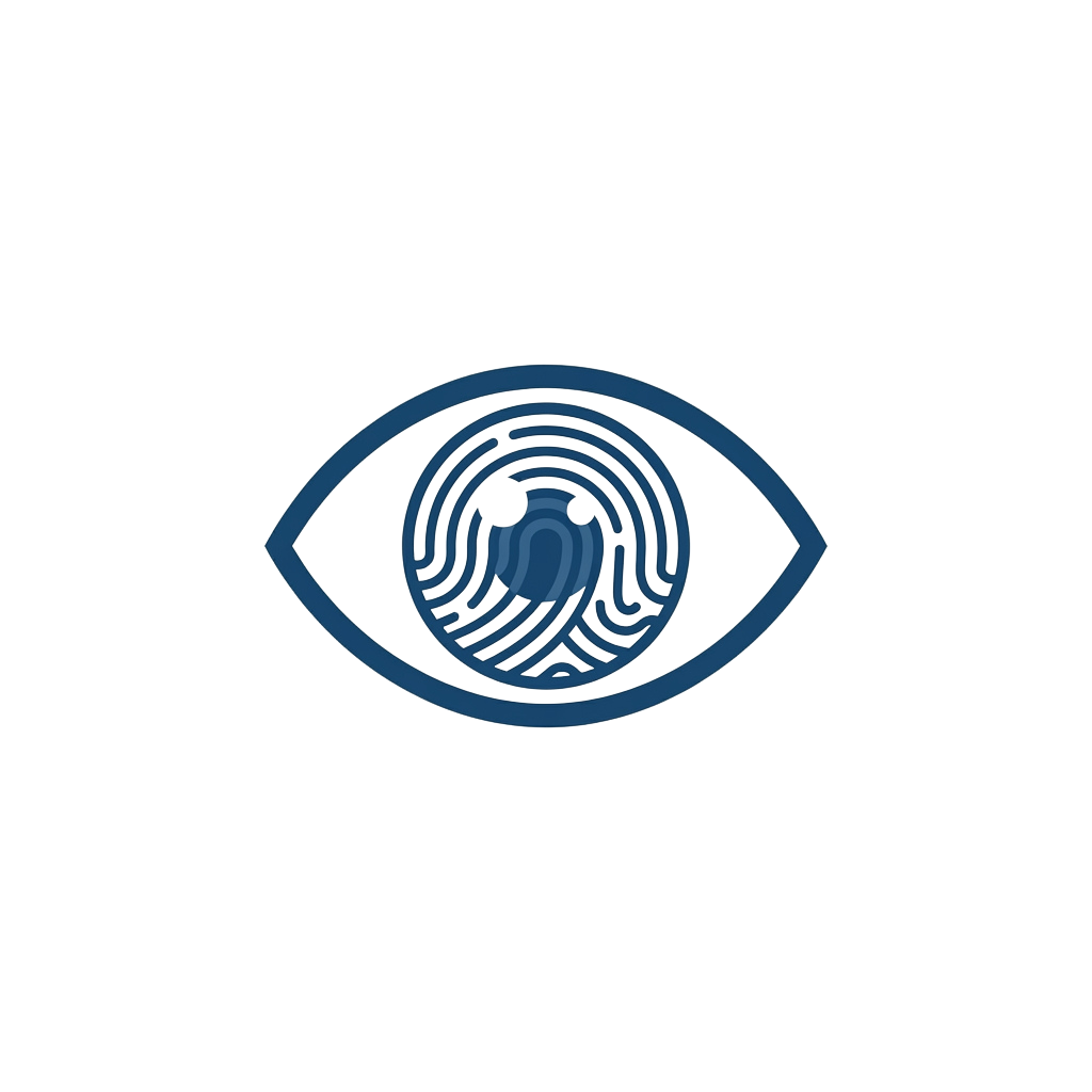 A stylized blue eye with a fingerprint-like swirl pattern in the iris
