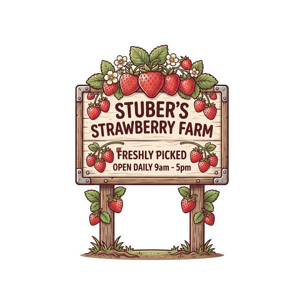 Illustration of a wooden sign advertising a strawberry farm with strawberries and leaves, open daily from 9 am to 5 pm