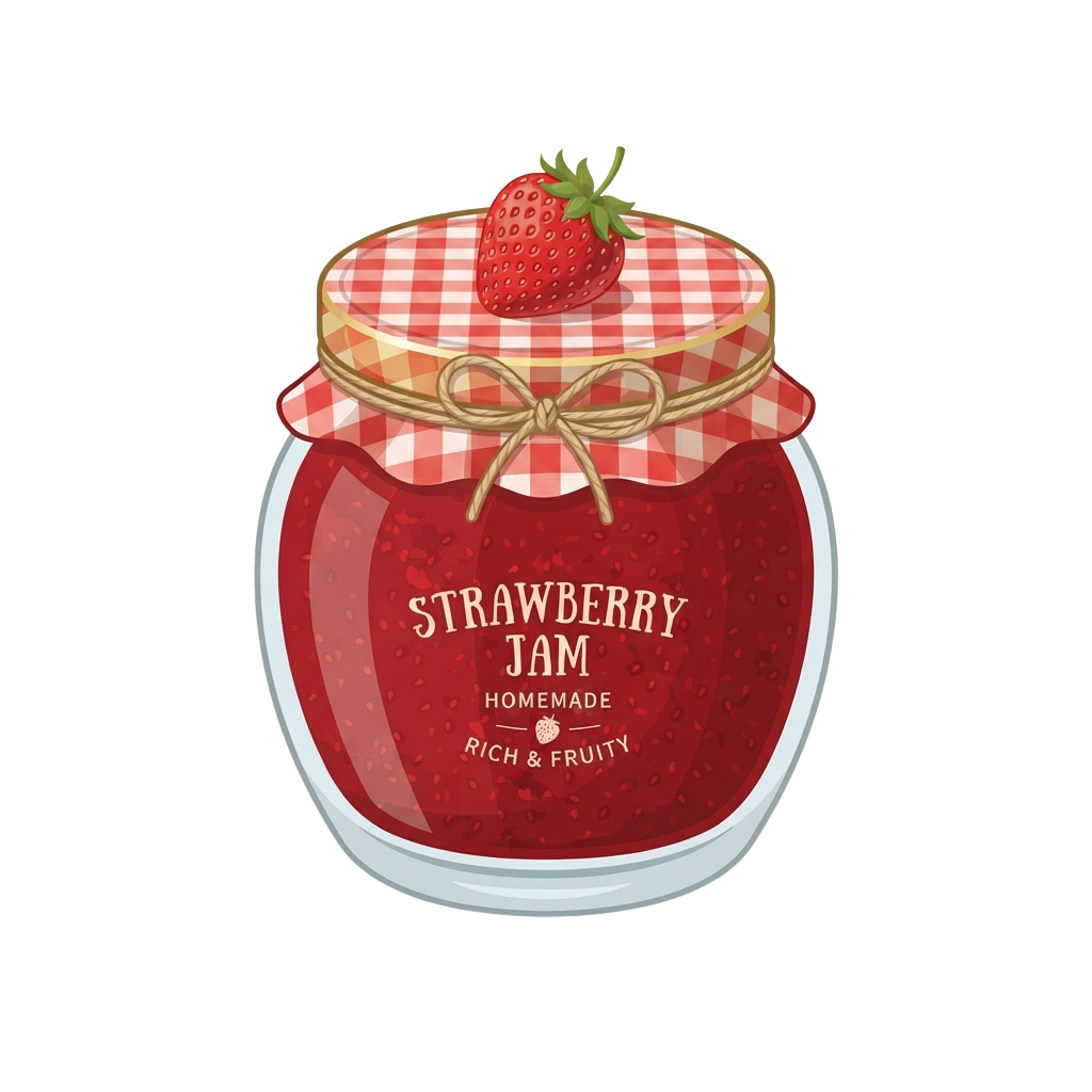 Illustration of a red jar of strawberry jam topped with a checkered cloth and a strawberry decoration