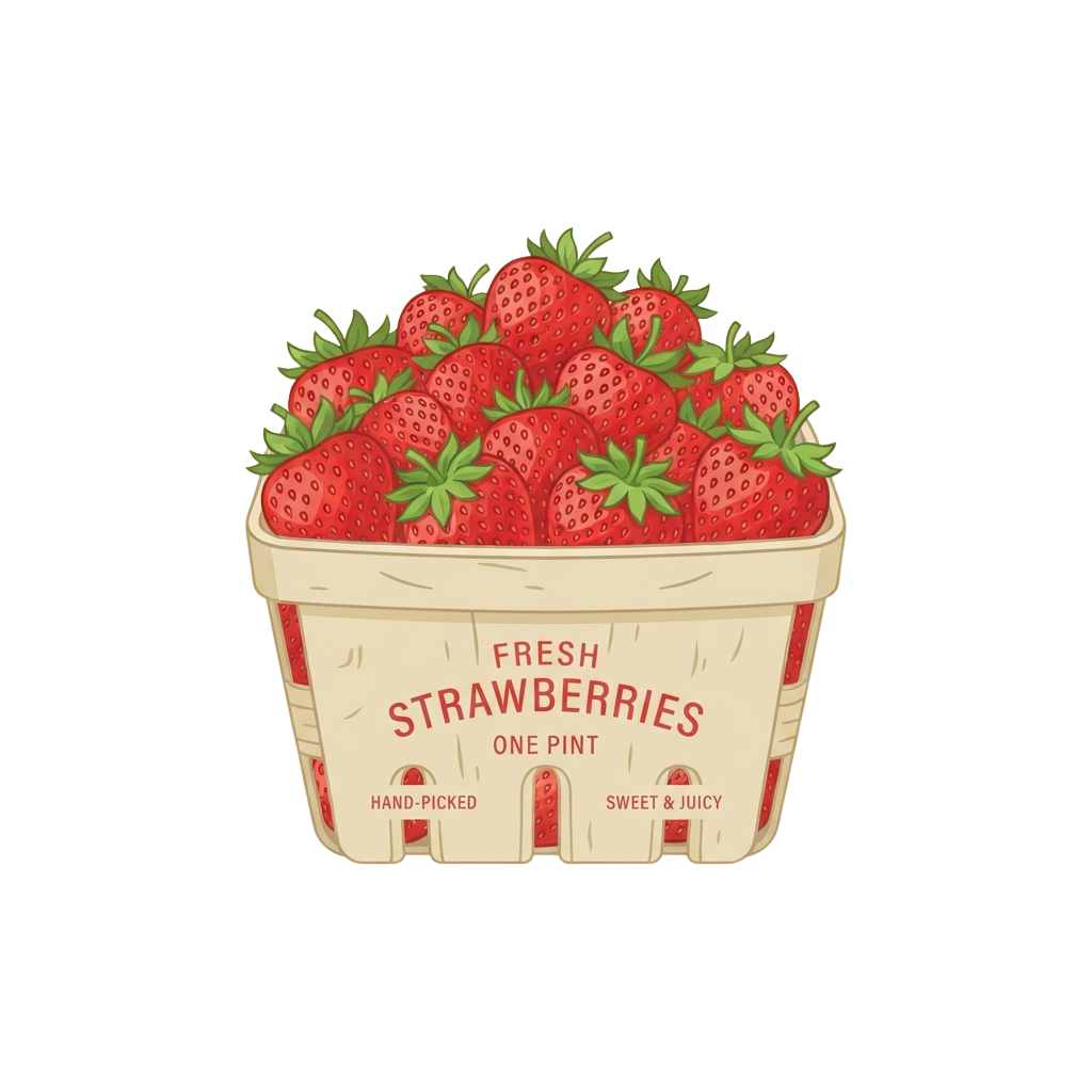Illustration of a basket filled with fresh red strawberries labeled fresh strawberries one pint hand-picked sweet and juicy
