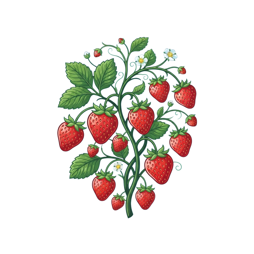 Illustration of a strawberry plant with green leaves, red strawberries, and small white flowers on a black background