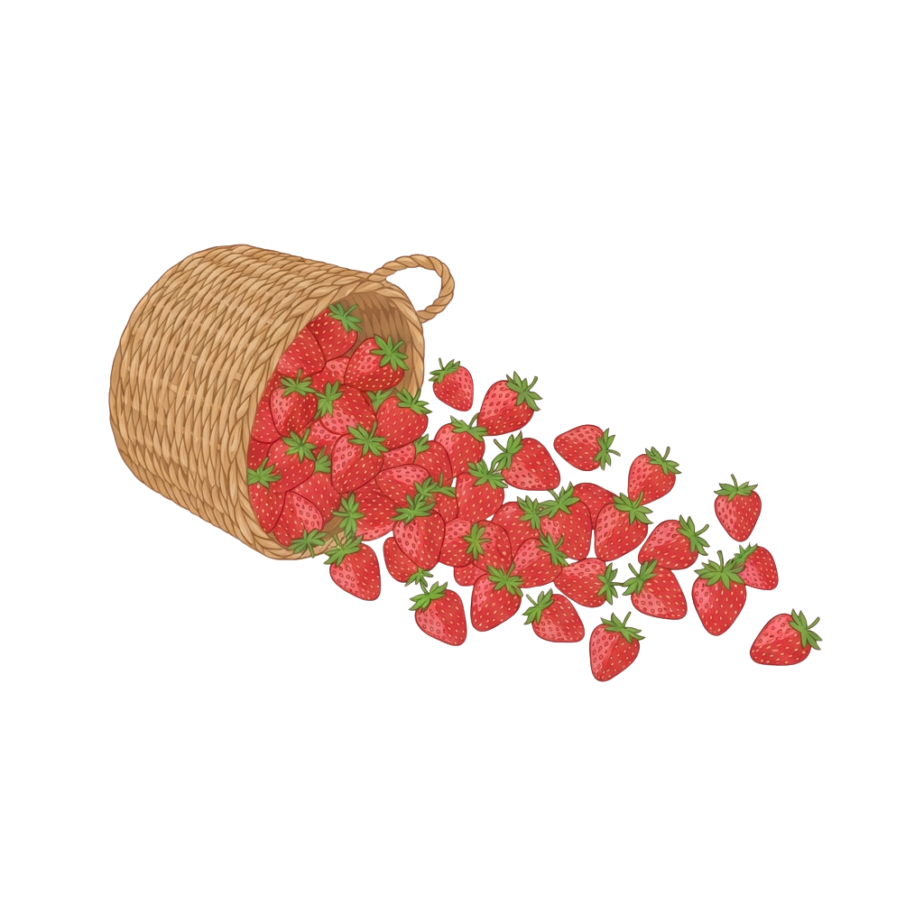 A wicker basket tipped over spilling ripe red strawberries with green leaves onto a dark background