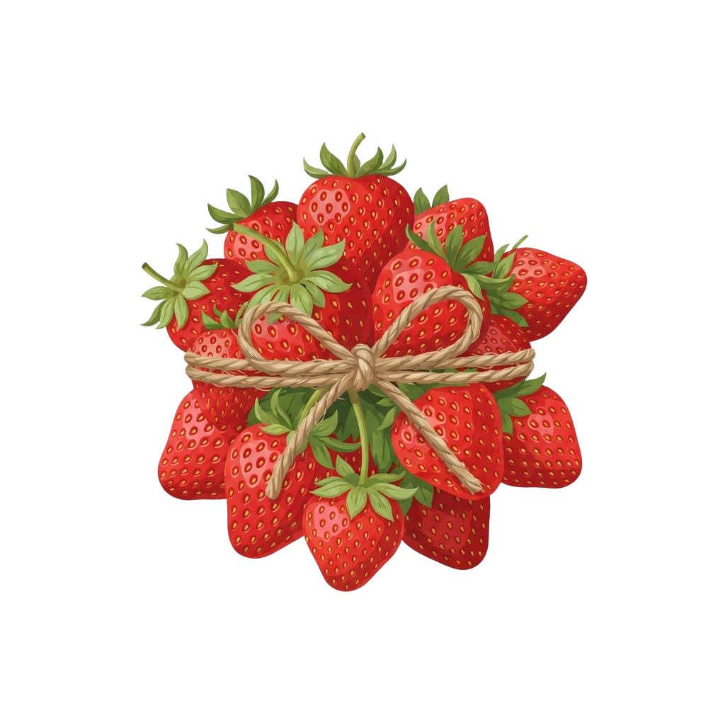 A bouquet of fresh red strawberries tied together with twine in a decorative bow.