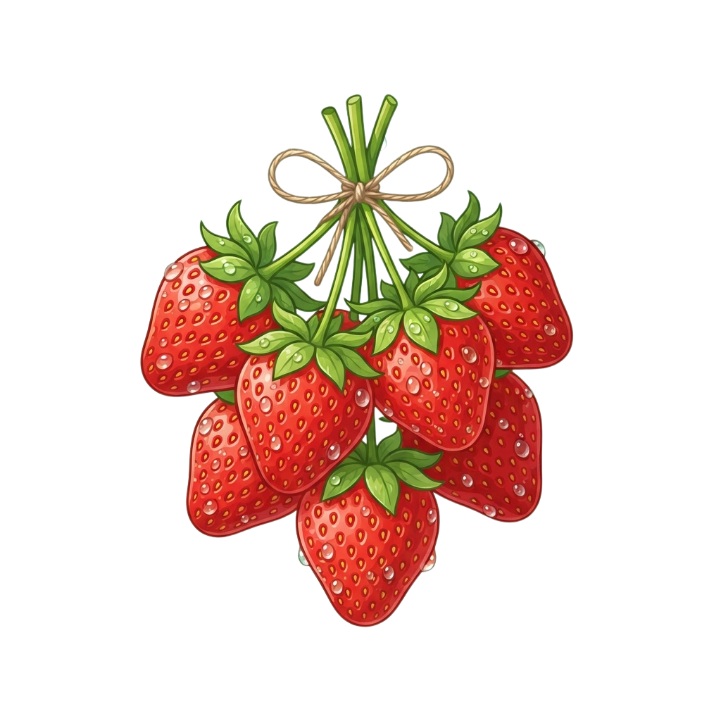 A cluster of six ripe strawberries tied together with green leaves and twine in a bow.