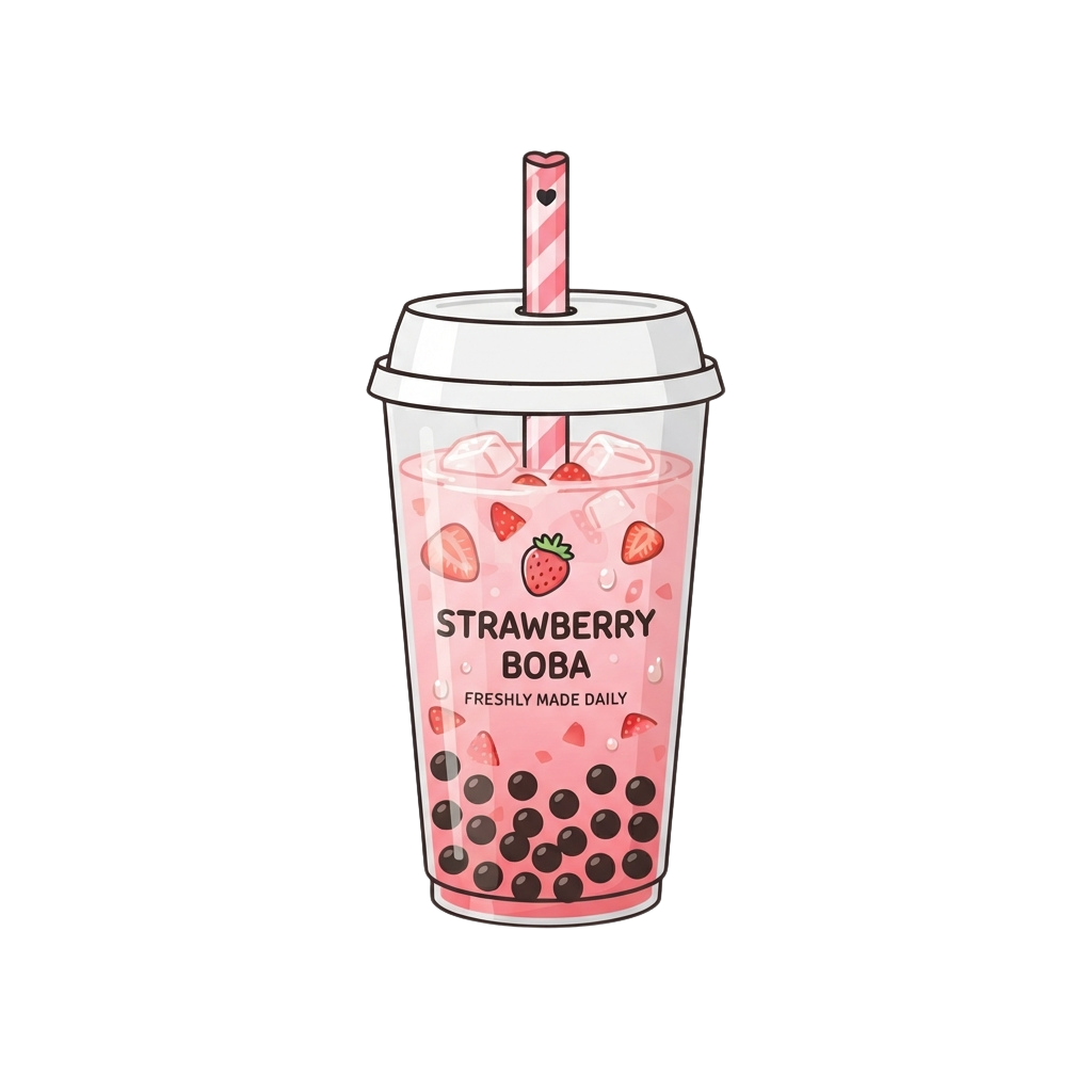 Illustration of a strawberry boba drink with pink liquid, strawberry slices, and black tapioca pearls in a clear cup with a heart-shaped straw