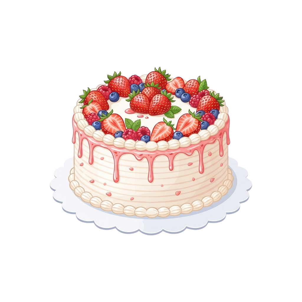 A round cake decorated with strawberries, blueberries, and pink drizzle on a white plate