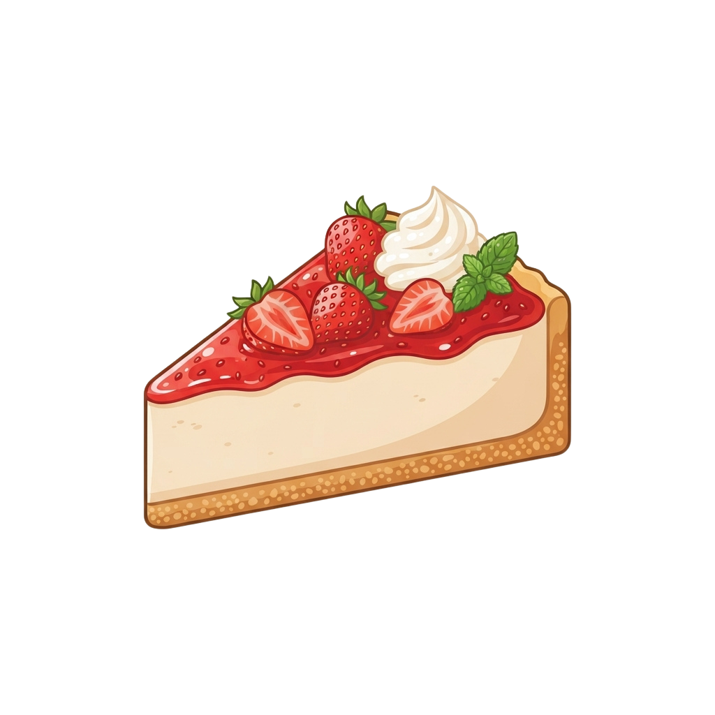 A slice of cheesecake topped with fresh strawberries, whipped cream, and a mint leaf