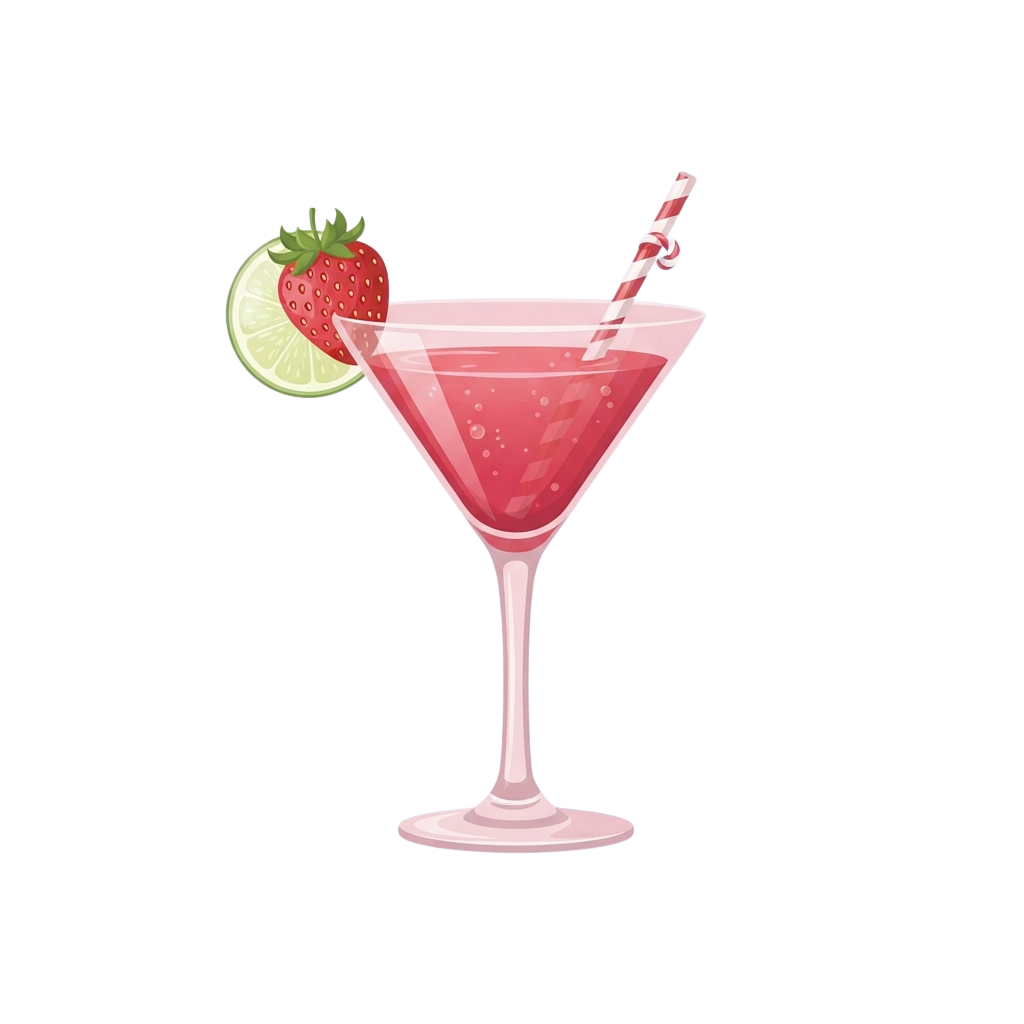 A pink martini glass filled with a fizzy drink garnished with a strawberry and lime wedge, topped with a colorful straw