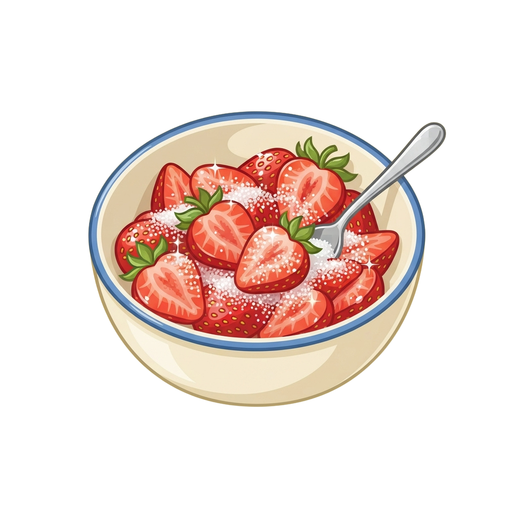 A white bowl filled with sliced strawberries and granola on top of yogurt, with a spoon inside.