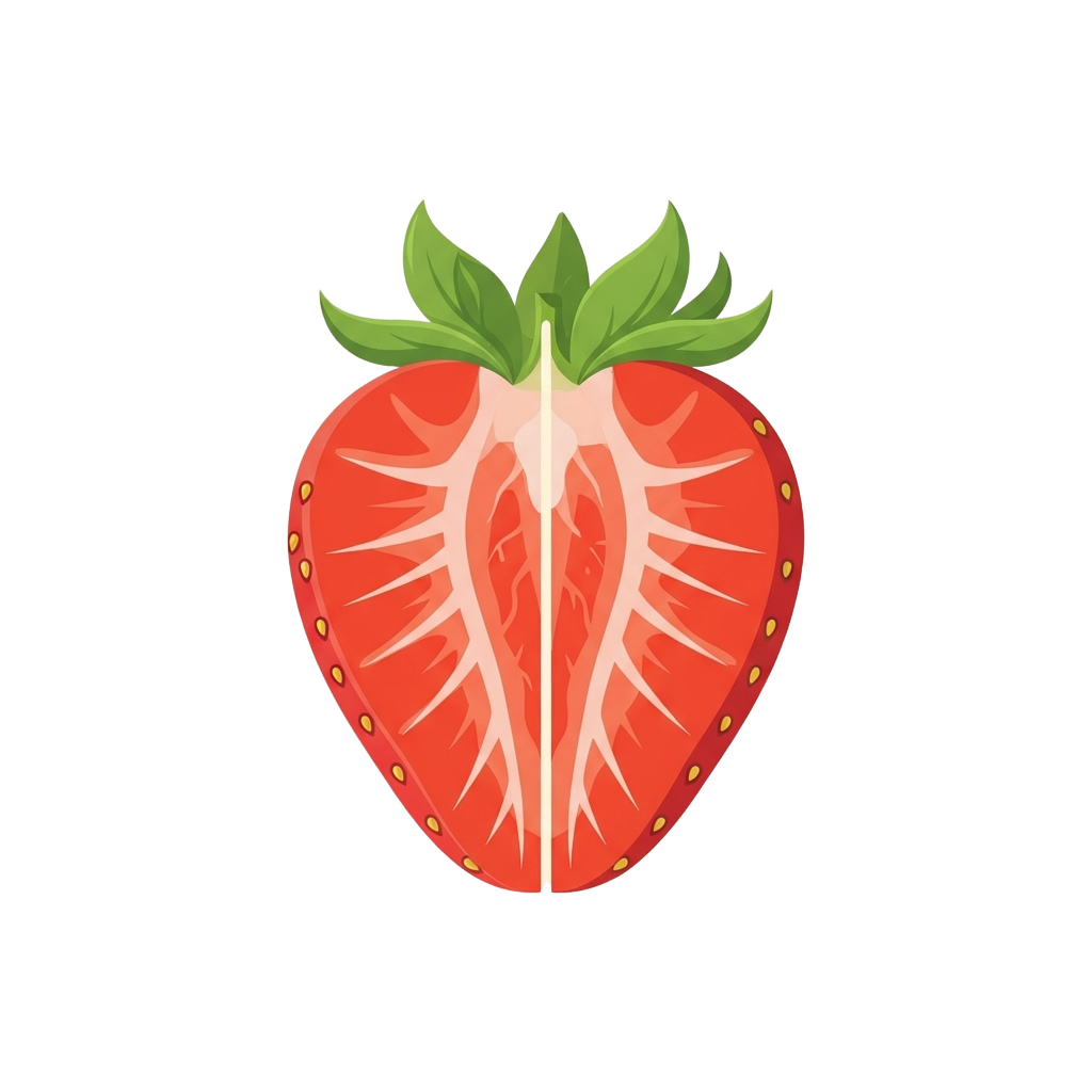 A cut strawberry in half showing red flesh, white seeds, and green leafy top against a black background