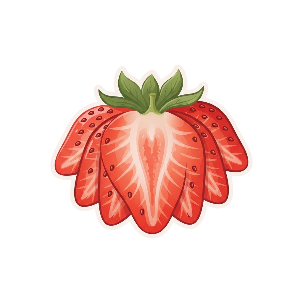 A stylized illustration of a sliced strawberry with green leaves on top, cut in half to show its inner seeds.