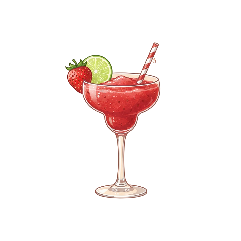 A margarita glass filled with a red strawberry drink, garnished with a lime wedge and strawberries, and a striped straw.