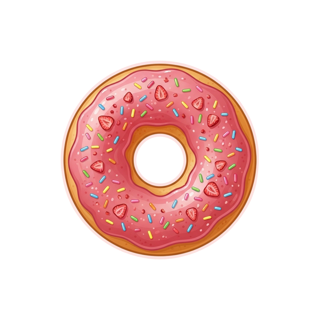 A pink frosted donut with colorful sprinkles and small strawberry pieces on top