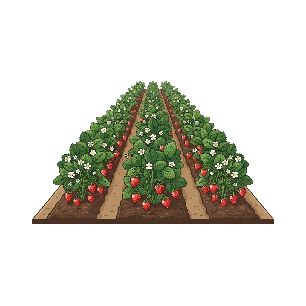 Illustration of strawberry plants growing in three raised garden beds with red strawberries and white flowers