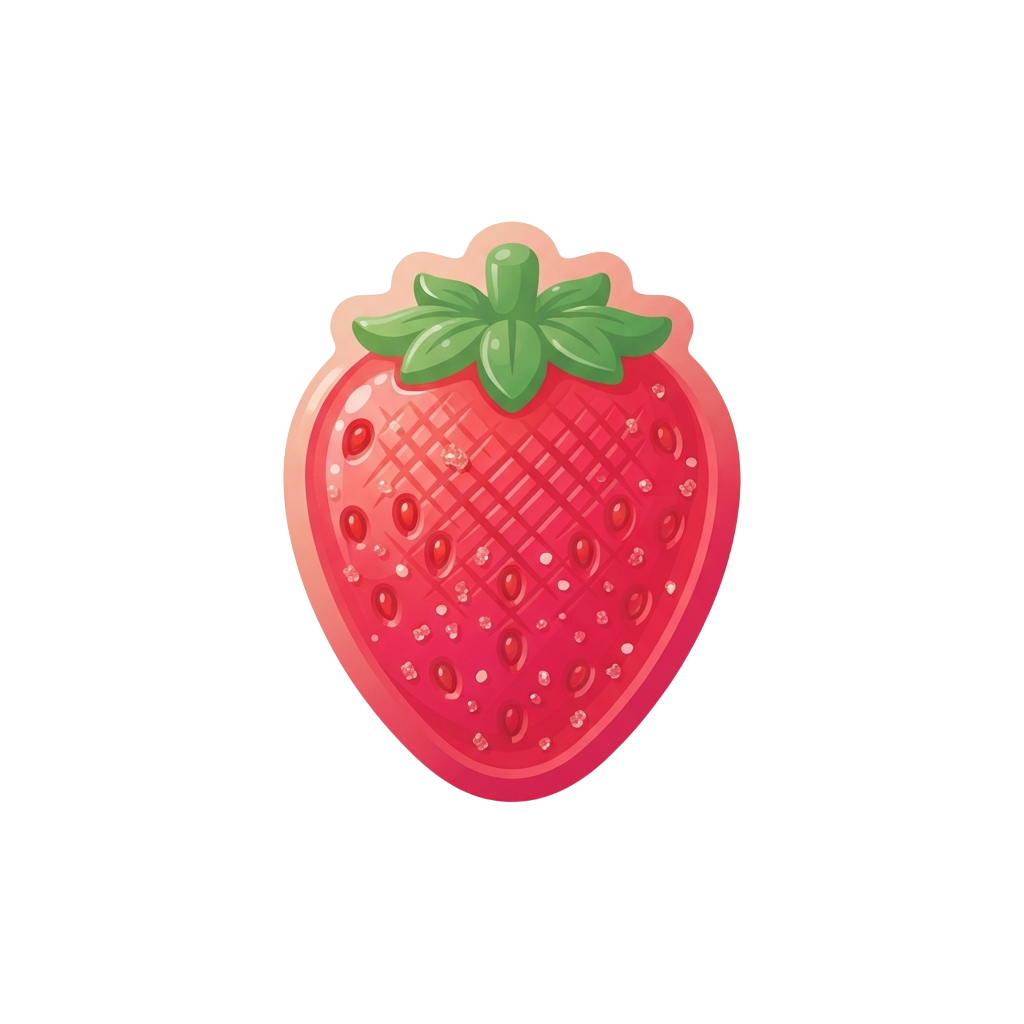 A stylized cartoon strawberry with green leafy top on black background