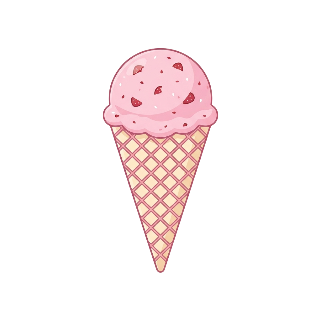 Illustration of a pink strawberry ice cream in a waffle cone with sprinkles on top