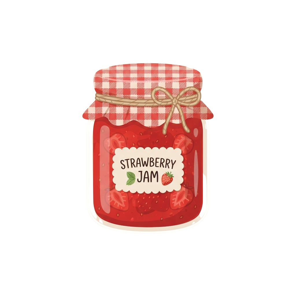 A jar of strawberry jam with a red checkered cloth lid tied with twine and a label reading Strawberry Jam with a strawberry icon