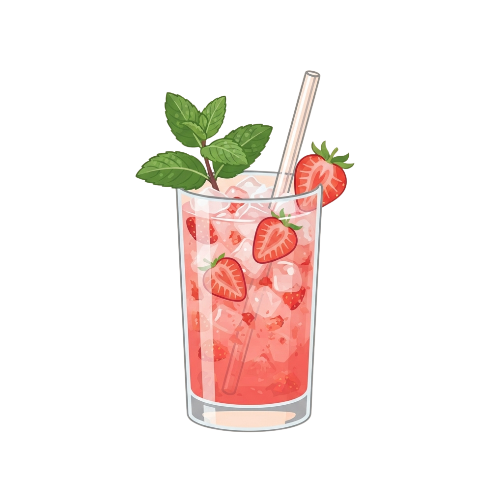 A glass filled with pink strawberry mint iced drink, ice cubes, strawberries, and mint leaves with a straw
