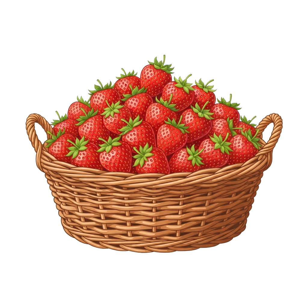 A wicker basket filled with ripe red strawberries with green leaves