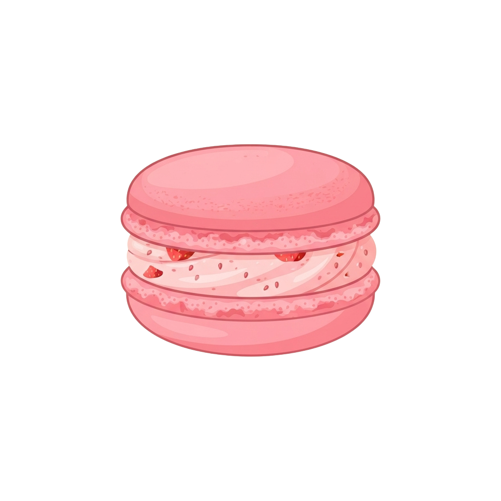 Two pink macarons with strawberry filling stacked on top of each other