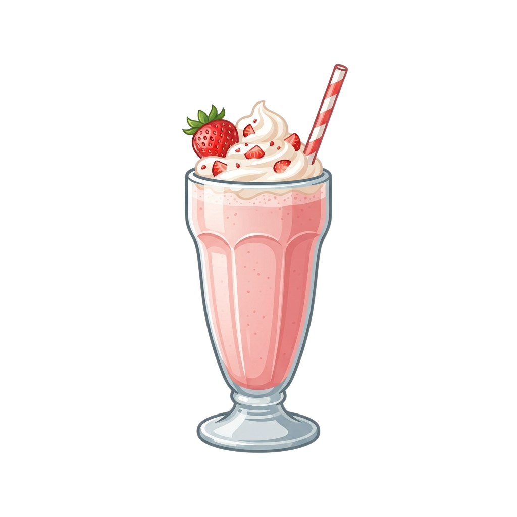 A tall glass of pink strawberry milkshake topped with whipped cream and fresh strawberries, served with a striped straw