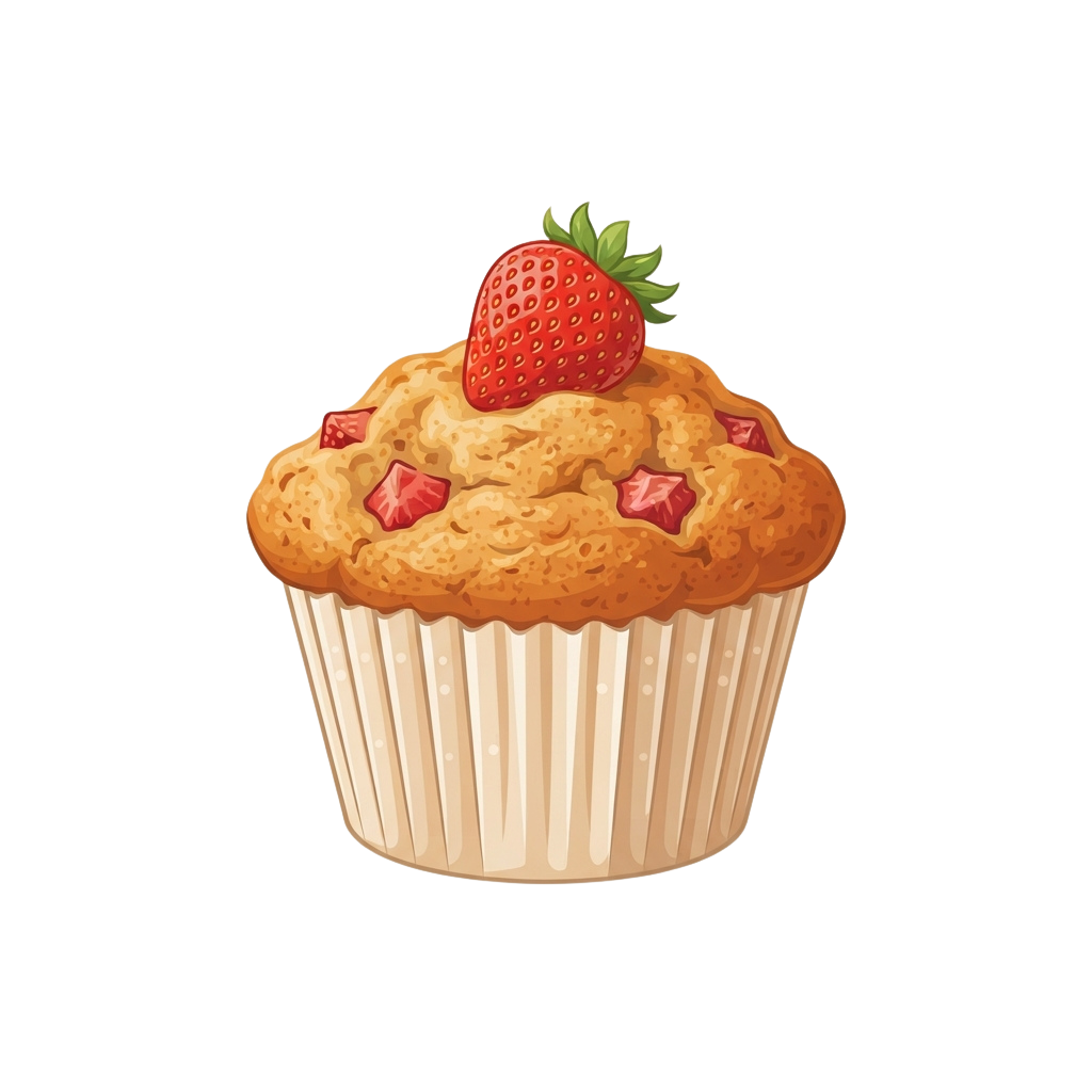 A baked muffin topped with a whole strawberry and small strawberry pieces on top, placed in a white paper cup.