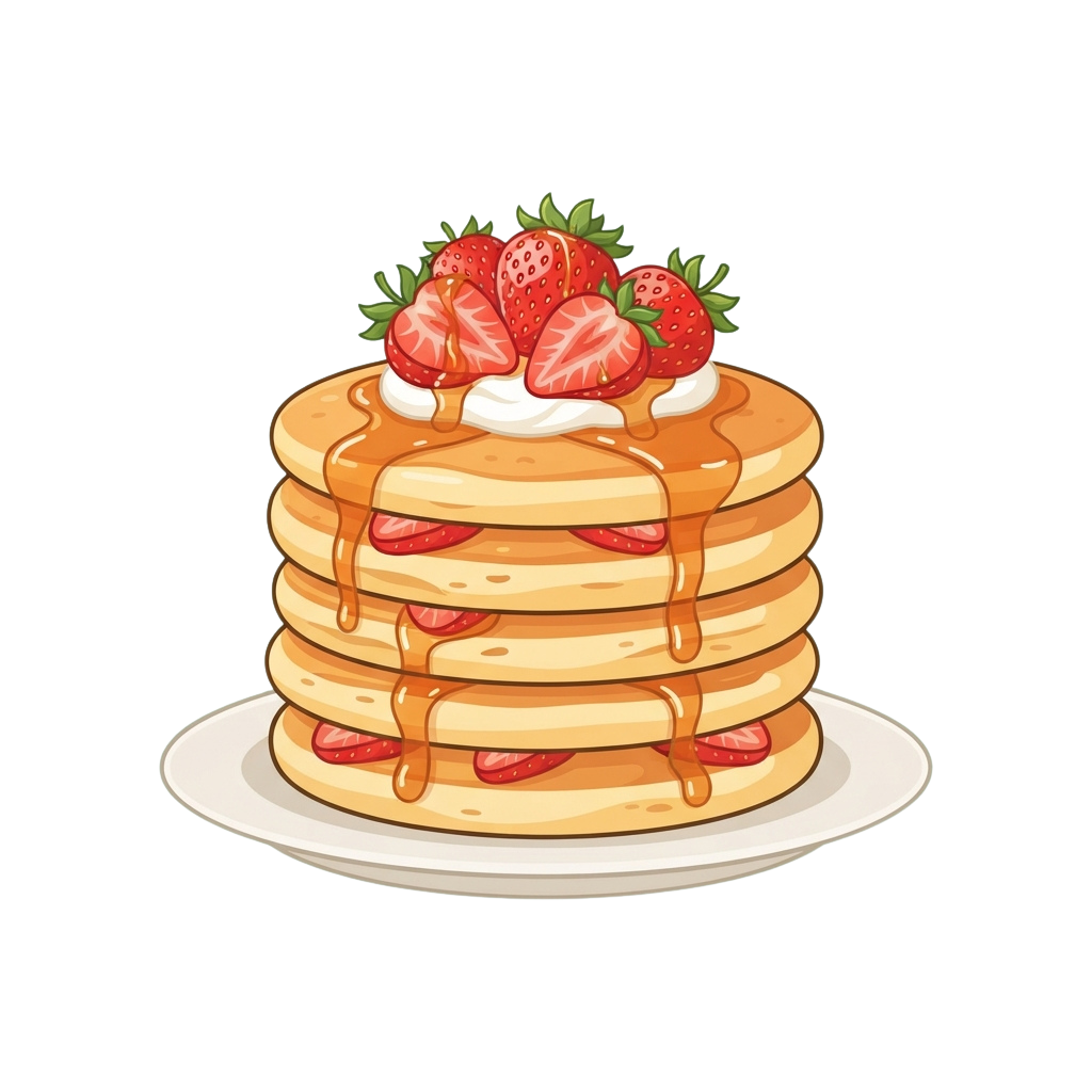Stack of fluffy pancakes drizzled with syrup and topped with fresh strawberries and whipped cream