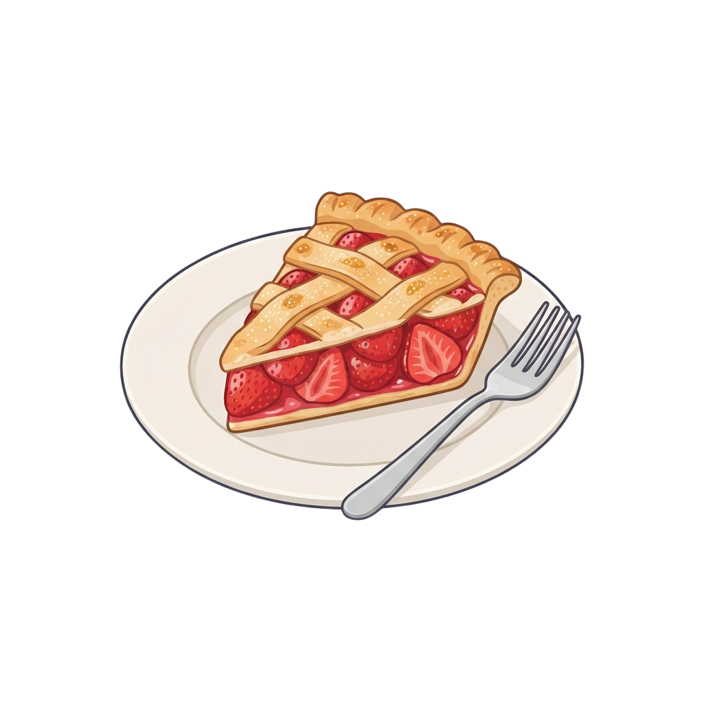 A slice of strawberry lattice pie on a white plate with a fork.