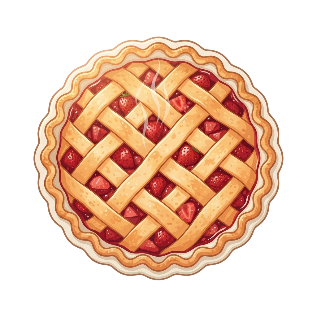 A round strawberry lattice pie with golden crust and visible strawberries in a crisscross pattern