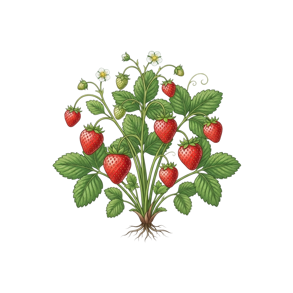 A detailed illustration of a strawberry plant with green leaves, red strawberries, and small white flowers against a black background