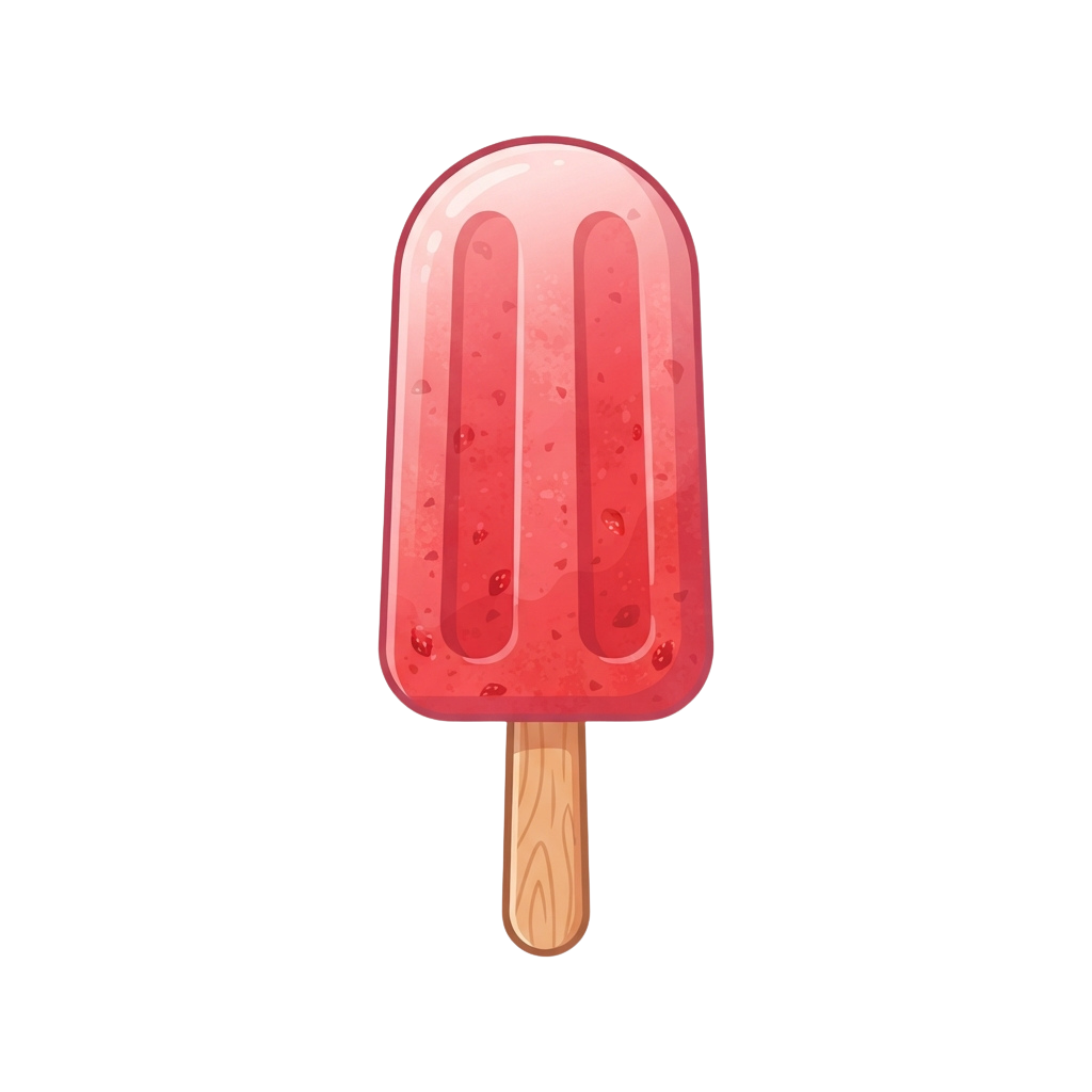 A vibrant pink strawberry popsicle with two grooves and a wooden stick