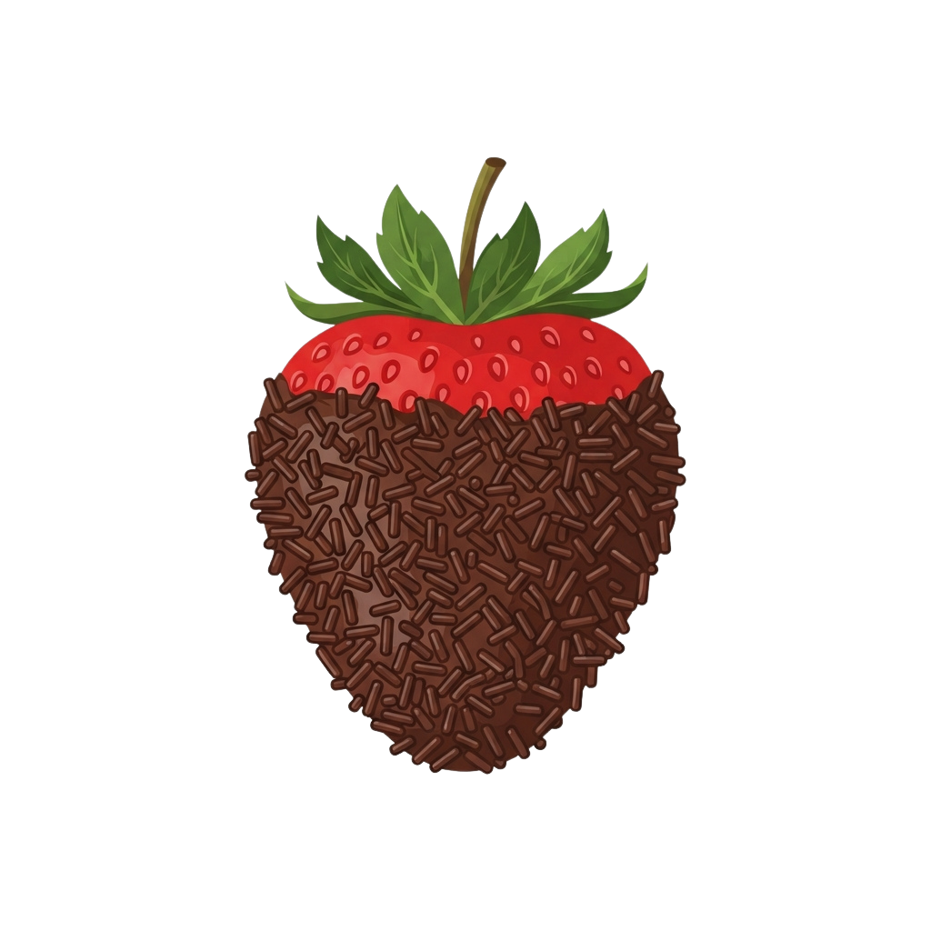 A chocolate-dipped strawberry with green leaves on top against a black background