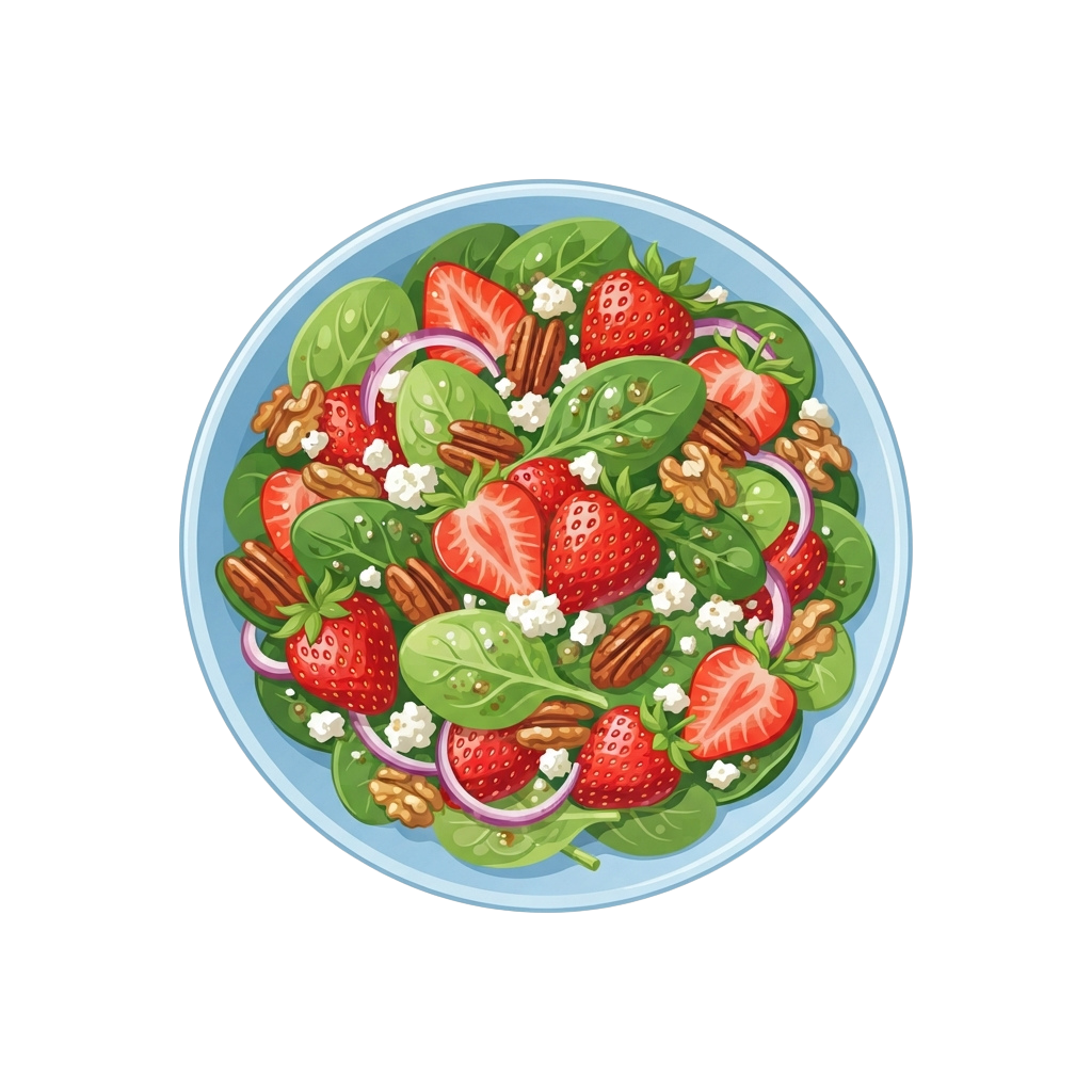 A colorful salad bowl with strawberries, spinach leaves, pecans, and cream cheese crumbles