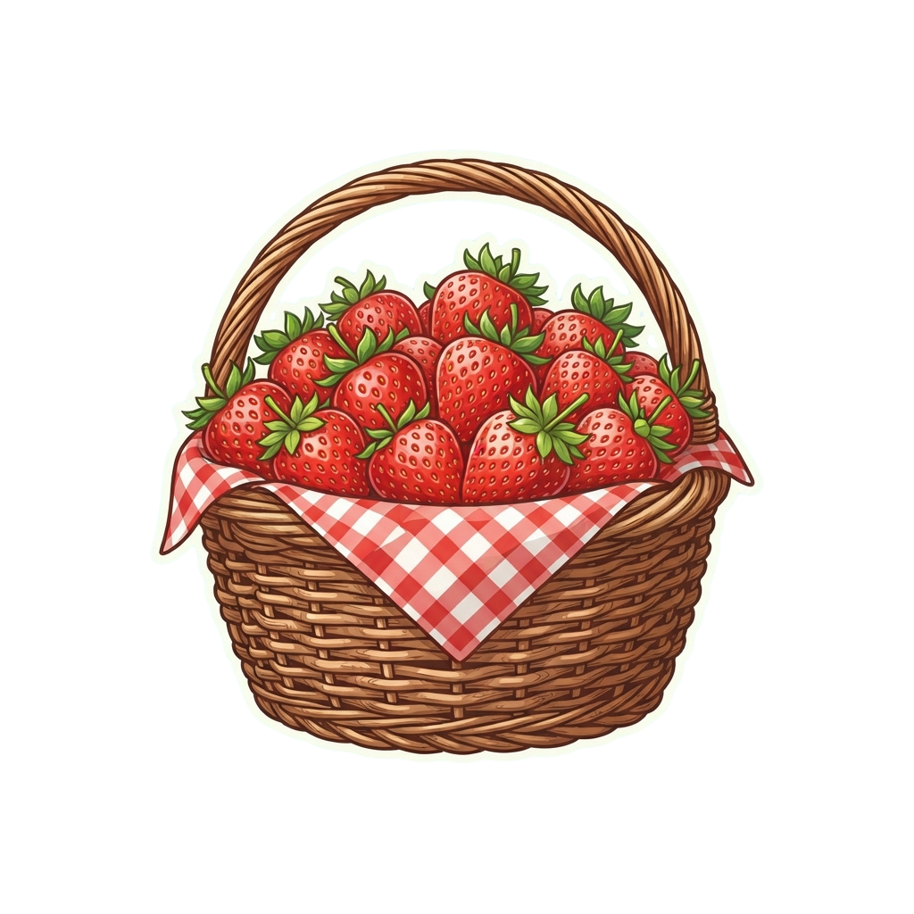 A woven basket filled with ripe red strawberries and a red and white checkered cloth underneath